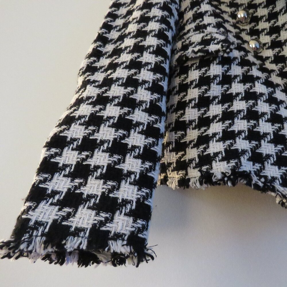 MANGO Houndstooth Wool Blend Frayed Hem Blazer Academia Black White - Size S NWT - Picture 9 of 14
